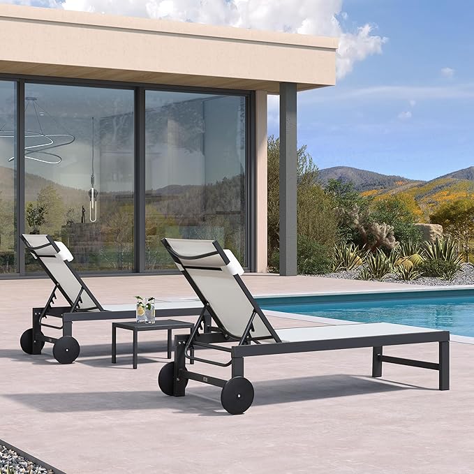 PURPLE LEAF Patio Lounge Chair Set of 3 Outdoor Chaise Lounger Aluminum Frame with Side Table and Wheels for Pool - Photo 2