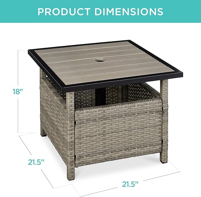 Best Choice Products Wicker Side Table with Umbrella Hole, Square PE Rattan Outdoor End Table for Patio, Garden, Poolside, Deck w/UV-Resistant Frame, Storage Space - Taupe