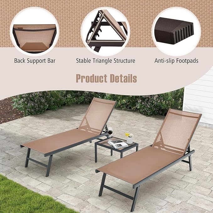 Tangkula 3 Piece Patio Chaise Lounge Set, Aluminum Patio Recliner with Coffee Table, 6-Level Backrest Adjustment, Outdoor Lounge Chair & Side Table Set for Poolside, Backyard (Brown)