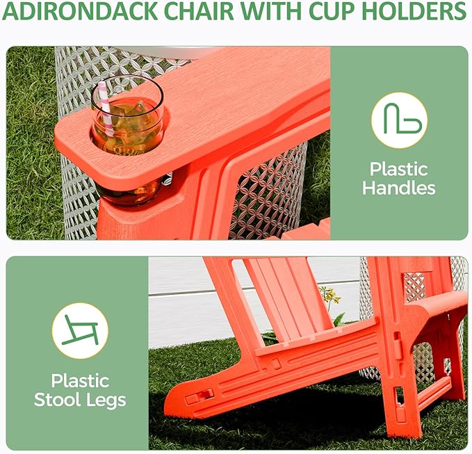 FONTOI Adirondack Chair, Outdoor Weather Resistant Lawn Furniture, Plastic Adirondack Chair with Cup Holder, 400 LBS Capacity Recliner, Garden Backyard Patio Without Screws Install, Orange