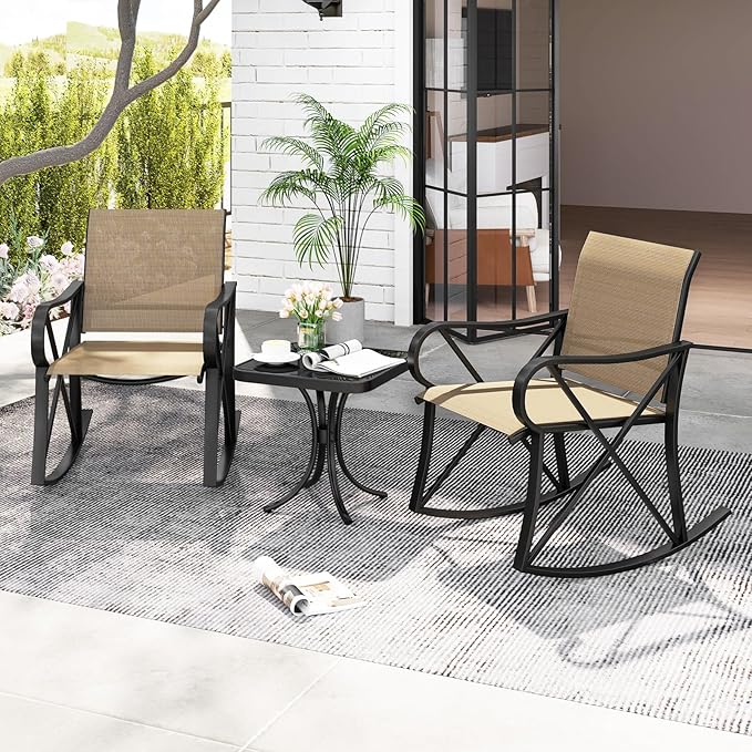 Tangkula 3 Piece Patio Rocking Set, 2 Rocking Chairs with Tempered Glass Side Table, Small Patio Furniture Set with Smooth Rocking Motion, Outdoor Rocker Chairs Bistro Set for Porch, Balcony (Brown)