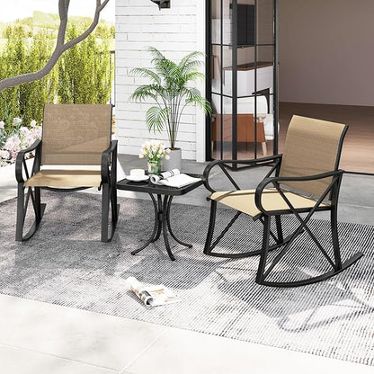 Tangkula 3 Piece Patio Rocking Set, 2 Rocking Chairs with Tempered Glass Side Table, Small Patio Furniture Set with Smooth Rocking Motion, Outdoor Rocker Chairs Bistro Set for Porch, Balcony (Brown)