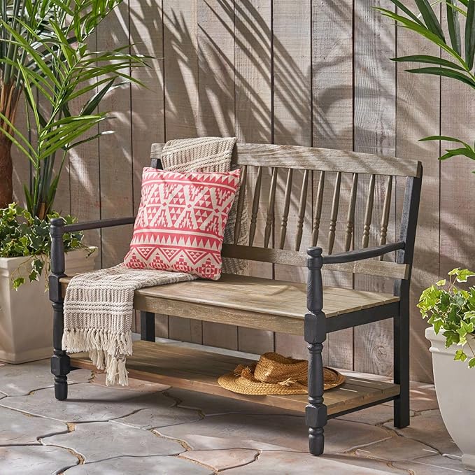 Merax 51" Outdoor Bench with Storage, Acacia Wood Metal Frame Chair Furniture for Garden Patio, Porch, Backyard, Park