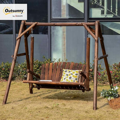 Outsunny 2-Seat Porch Swing with Stand, Wooden Patio Swing Chair Bench, for Garden, Poolside, Backyard, Brown