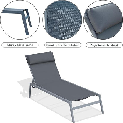 Domi Patio Chaise Lounge Set, Classic Pool Lounge Chairs with 5 Adjustable Posation, Breathable Textilene Fabric, Headrest and Table, Steel Frame Pool Chairs, Grey