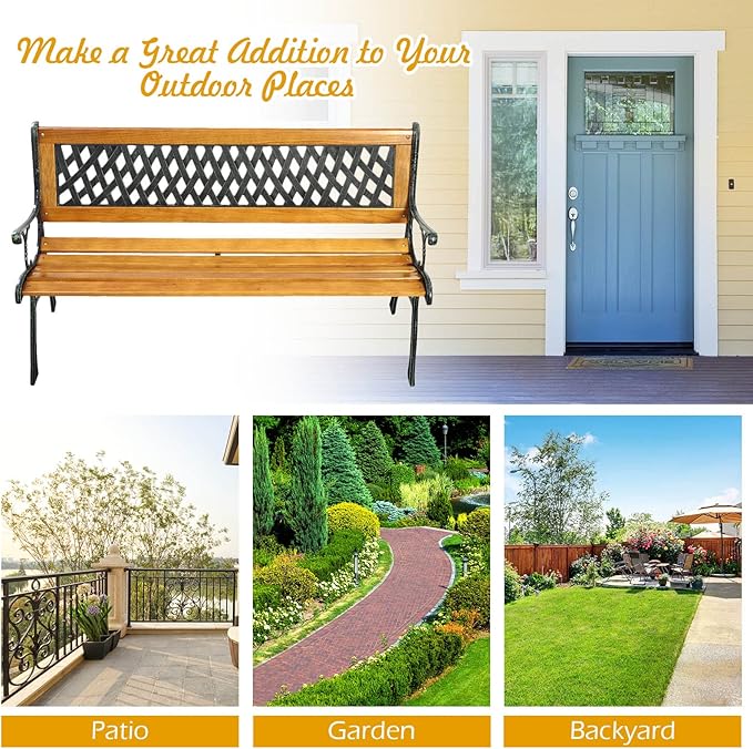 S AFSTAR Garden Bench, Pine Park Bench Porch Bench with Diamond Weaving Backrest, 470 LBS Bearing Capacity, Weatherproof Outdoor Wood Bench for Backyard Deck Lawn Poolside