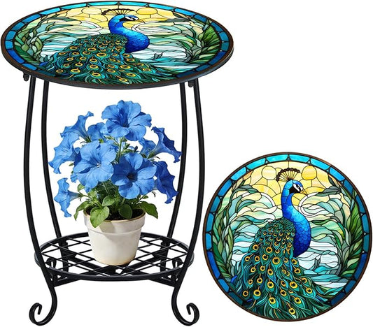 Outdoor Side Table Round Small Mosaic Patio Accent Indoor End Plant Coffee Tea Table for Yard Patio Porch Garden Living Room, Bedroom(Peacock Style,12 Inch)