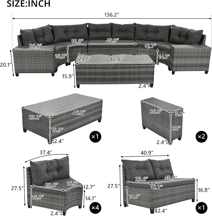 Quarte Outdoor Patio Furniture Sets, 8-Pieces All Weather Wicker Round Sofa Set, Half-Moon Sectional Sets - Photo 7
