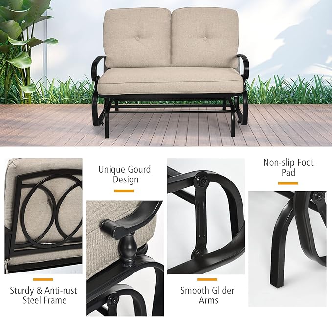 Giantex Outdoor Glider Bench, Patio Loveseat with Cushions, 440 Lbs Capacity, 2-Person Outdoor Rocking Chair - Photo 6