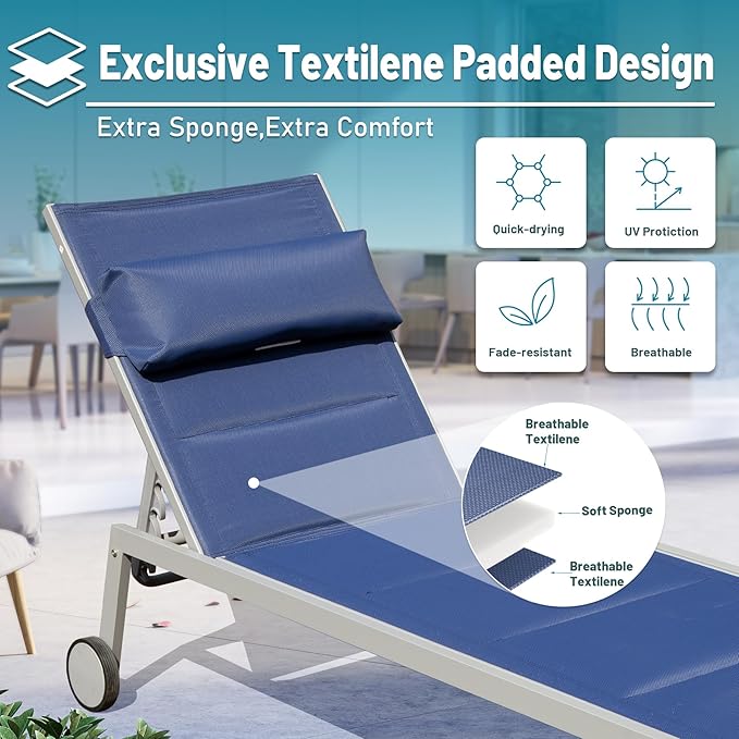 Domi Patio Chaise Lounge Set of 3, Outdoor Lounge Chair, Aluminum Textilene Padded 5 Position Pool Lounger, Stackable Lounge Chair w/Headrest, Wheels, Side Table, for Beach Backyard Lawn, Navy Blue