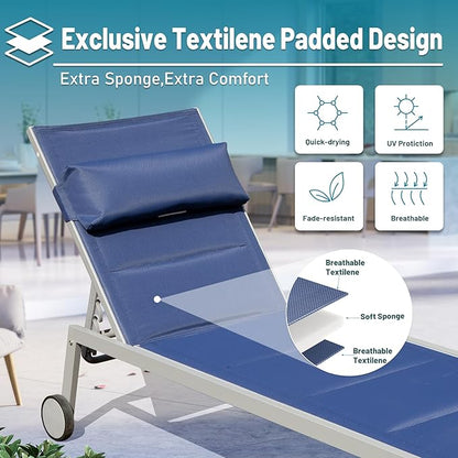 Domi Patio Chaise Lounge Set of 3, Outdoor Lounge Chair, Aluminum Textilene Padded 5 Position Pool Lounger, Stackable Lounge Chair w/Headrest, Wheels, Side Table, for Beach Backyard Lawn, Navy Blue