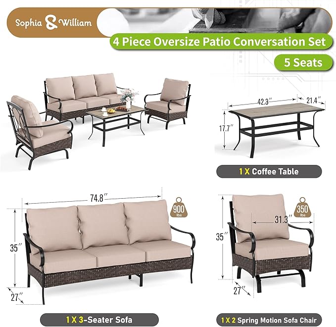 Sophia & William Metal Patio Furniture Set, 5 Seats Outdoor Conversation Set with 3-Seater Sofa, 2 Motion Chairs - Photo 5