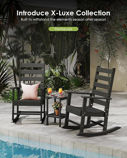 GREENVINES Outdoor-Rocking-Chairs-Set-of-4 | HDPE Plastic | Patio Rockers | Porch Rocker Chair | Shaker | Oversized | High Ladder Back | Big & Tall | PentaLuxe | Black
