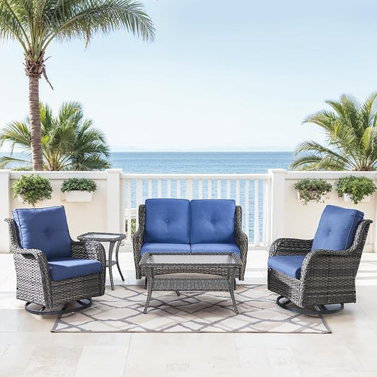 Patio Loveseat Glider Set, Resin Wicker Loveseat Glider with 2 Swivel Patio Chiars Coffee Table and Side Table, 5 Piece Patio Furniture Set Loveseat Set, Grey Wicker|Blue Cushions