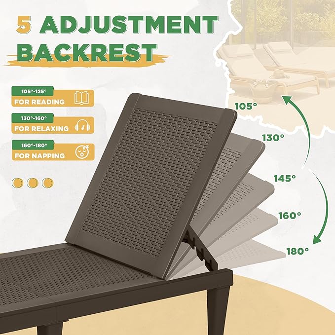 Greesum Outdoor Chaise Lounge Chairs Set of 4 with 5-Position Adjustable Backrest, Waterproof PP Sun Chaise Loungers for Garden Pool Beach Patio Deck Sunbathing, Brown
