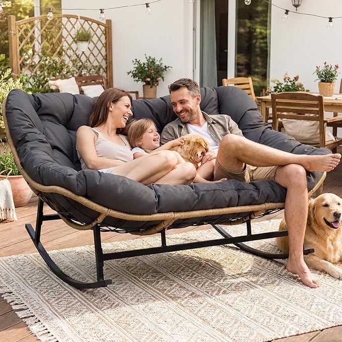 RADIATA Oversized Double Papasan Rocking Chair, Extra Large Recliner Glider with Cozy Cushion, 2 Person Egg Lounger Chairs, PE Wicker Big Loveseat for Indoor Outdoor Porch Patio, Dark Grey