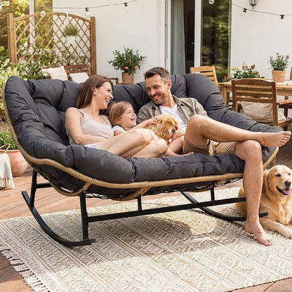 RADIATA Oversized Double Papasan Rocking Chair, Extra Large Recliner Glider with Cozy Cushion, 2 Person Egg Lounger Chairs, PE Wicker Big Loveseat for Indoor Outdoor Porch Patio, Dark Grey