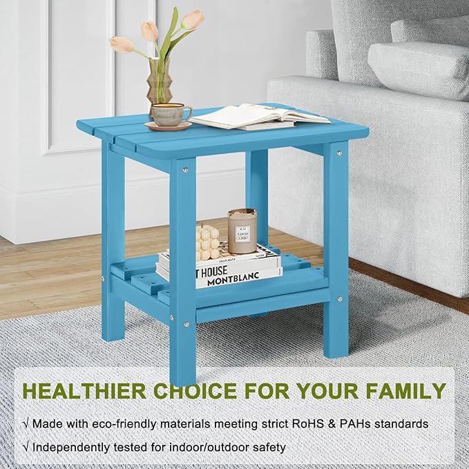 Adirondack Outdoor Side Table, 2-Tier Small Patio End Table, Weather Resistant HDPE Outdoor End Tables for Garden, Lawn, Pool, Beach, Porch, Deck, Backyard - Square, Turquoise