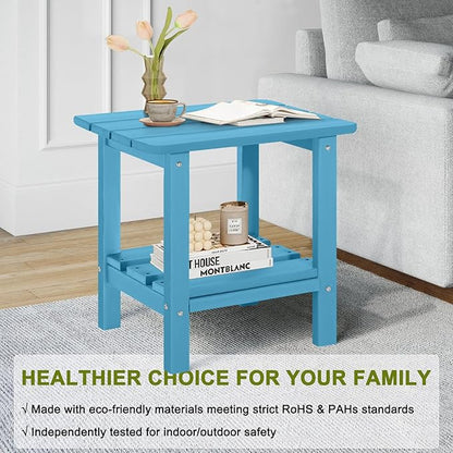 Set of 2 Outdoor Side Table, 2-Tier Small Patio End Table, Weather Resistant HDPE Adirondack Outdoor End Tables for Garden, Lawn, Pool, Beach, Porch, Deck, Backyard - Square, Turquoise