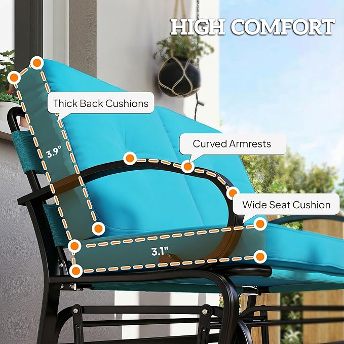 Outsunny Outdoor Glider Bench, 2-Person Patio Rocker Loveseat with Tufted Cushions, Steel Frame for Porch - Photo 5