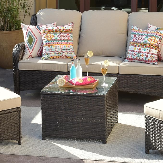 ovios Outdoor Side Table with Tempered Glass Top, Patio Wicker Coffee Table, Rattan Bistro End Table for Porch Deck Balcony Garden Poolside, Brown