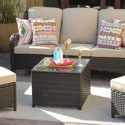 ovios Outdoor Side Table with Tempered Glass Top, Patio Wicker Coffee Table, Rattan Bistro End Table for Porch Deck Balcony Garden Poolside, Brown
