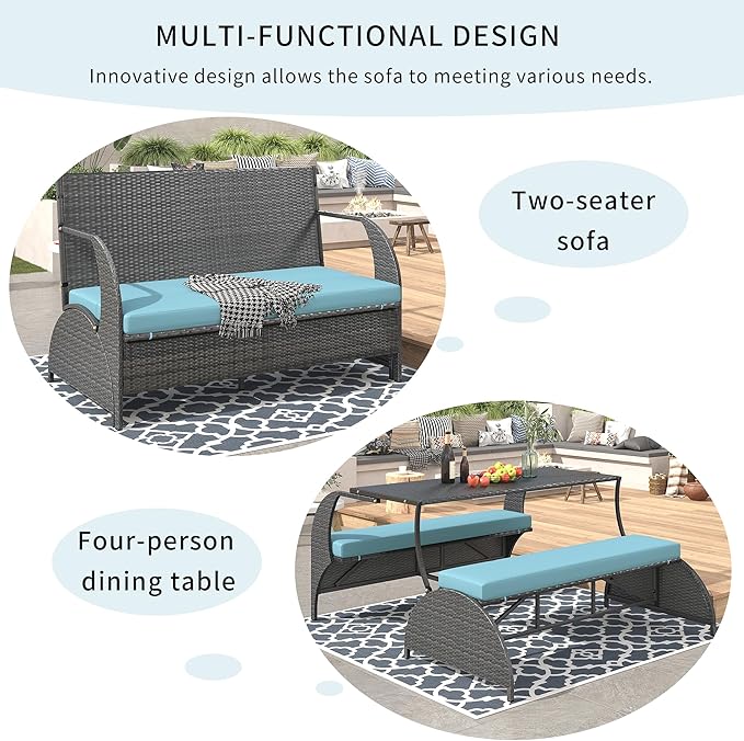 2-in-1 Convertible Picnic Upholstered Bench,57.1" Outdoor Loveseat,Portable Picnic Table Couch,Convertible to 4 Seats&1 Table,for Garden,Lawn,Backyard,Porch,Patio, Blue