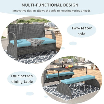 2-in-1 Convertible Picnic Upholstered Bench,57.1" Outdoor Loveseat,Portable Picnic Table Couch,Convertible to 4 Seats&1 Table,for Garden,Lawn,Backyard,Porch,Patio, Blue