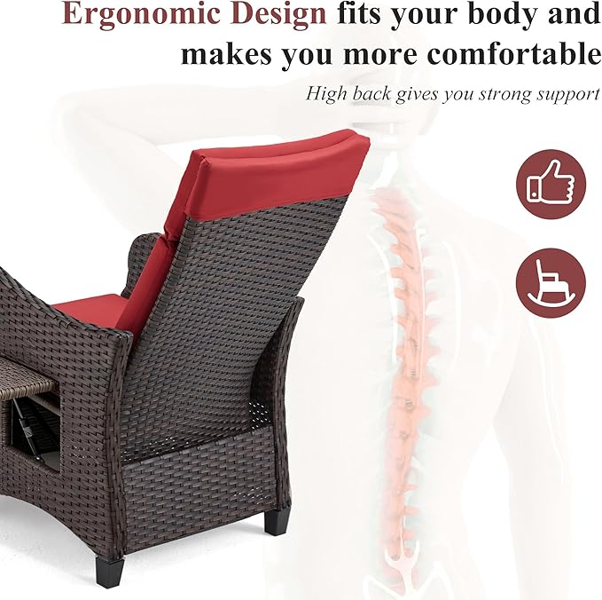 HOMREST Outdoor Recliner Chair with Flip-up Table, Wicker Reclining Chair with 150°Adjustable Backrest, Rattan Armchair with Integrated Footstool & Removable Cushion for Gardens, Burgundy