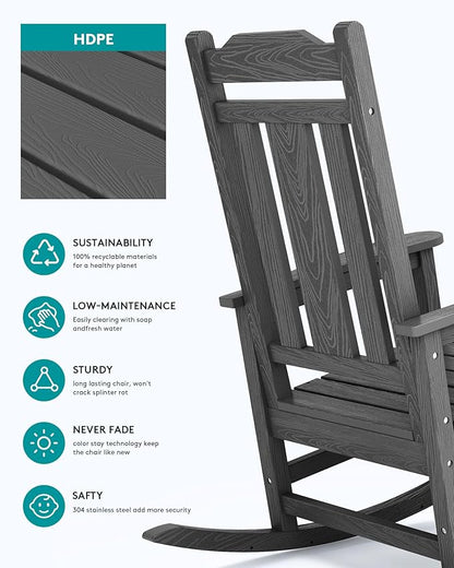 SERWALL Gray Outdoor Rocking Chair Set of 4, All Weather Patio Rocking Chair, HDPE Poly Rocking Chair for Adults, Heavy Duty Front Porch Rocker