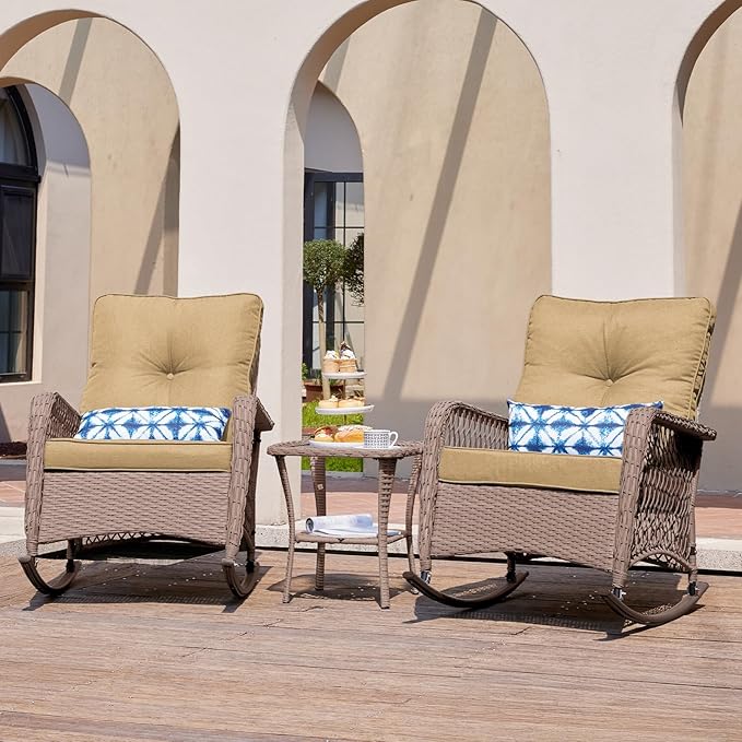 UDPATIO 3 Piece Patio Furniture Set, Wicker Rocking Bistro Set with 2 Rockers, 1 Side Table and 4‘’ Thick Cushions for Backyard, Porch, Balcony, Poolside, Brown/Khaki