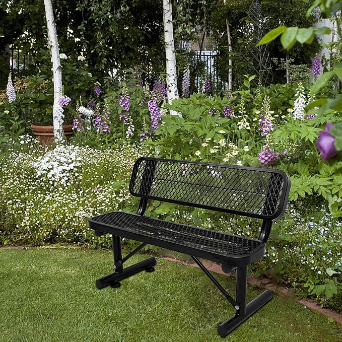 4FT Outdoor Metal Bench with Backrest & Portable Frame, Garden Patio Bench for 1-3 People, Park Benches for Outside Rust Proof, Commercial Heavy Duty Park Bench, Yard, Front Porch, School