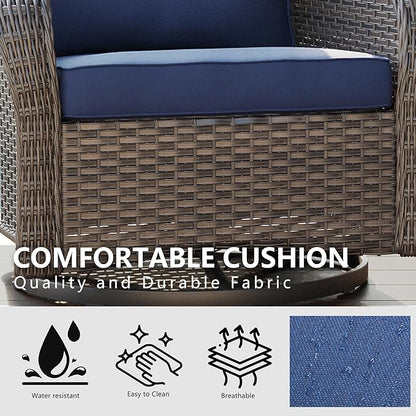 Wicker Swivel Rocking Chairs Set 2 with Storage Side Table - Outdoor Brown Wicker Swivel Glider Chair Outdoor Rocking Chair with Water-Resistant Cushions, Blue