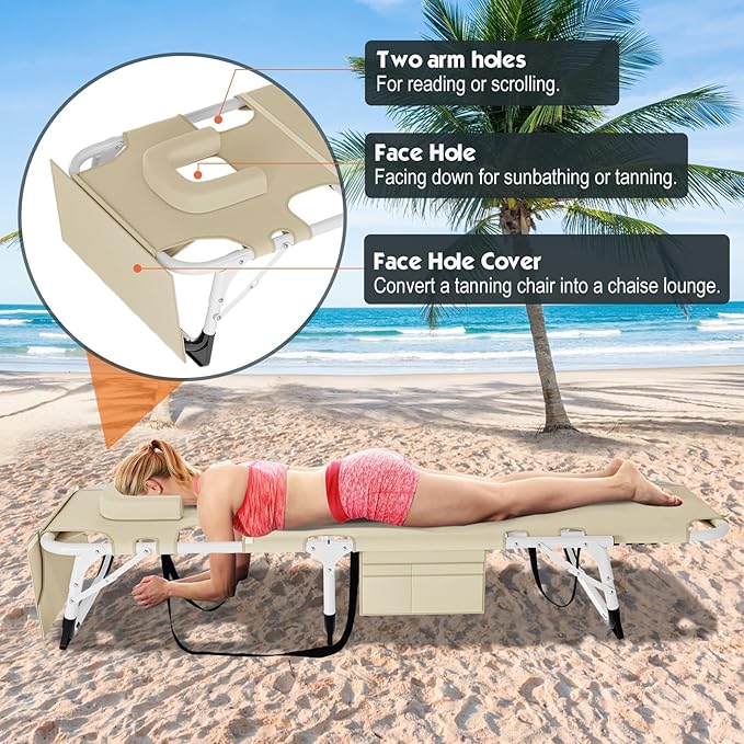 MOPHOTO Beach Lounge Chair, 5-Position Adjustable Tanning Chair with Face Hole, Heavy Duty Folding Chaise Lounge for Beach, Pool, Patio & Sunbathing