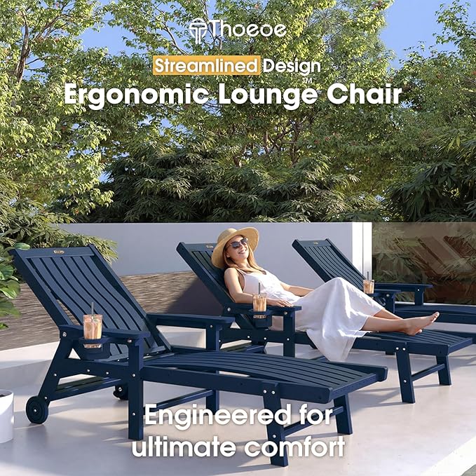 THOEOE Patio Chaise Lounge Chair, Oversized Lounge Chair Outdoor with 5 Positions, HDPE, Patio Lounge Chair with Wheels & Cup Holder for Pool, Deck, Poolside,Navy Blue