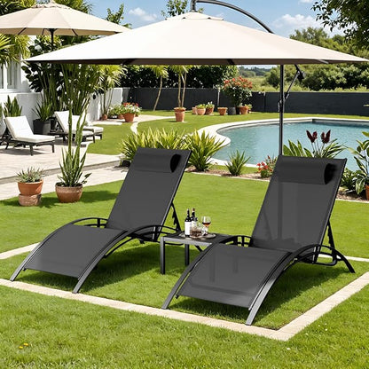 AthLike 3 pcs Poolchairs Patio Chaise Lounge Set with Headrest, 5-Level Adjustable Sunbathing Tanning Poolside Recliner Chairs with Side Table for Outdoor Beach (Black)