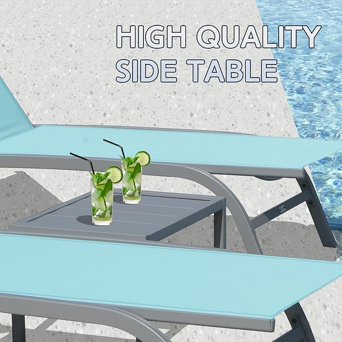 Domi Pool Lounge Chairs Set of 3, Adjustable Aluminum Outdoor Chaise Lounge with Wheels Patio Lounge Chairs with Side Table, All Weather for Deck Lawn Poolside Backyard-Turquoise Blue Textilene