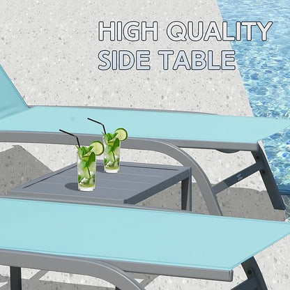 Domi Pool Lounge Chairs Set of 3, Adjustable Aluminum Outdoor Chaise Lounge with Wheels Patio Lounge Chairs with Side Table, All Weather for Deck Lawn Poolside Backyard-Turquoise Blue Textilene