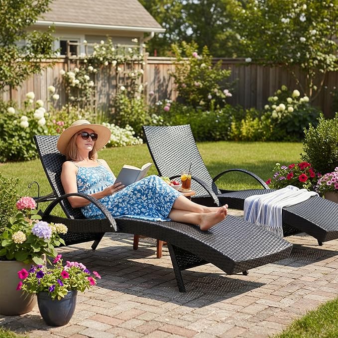 Wicker Outdoor Lounge Chairs with Pull Out Side Table, Pool Lounge Chairs Set of 6, Rattan Outdoor Lounger - Photo 9