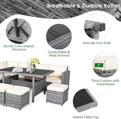 COSTWAY 7 PCS Wicker Outdoor Conversation Set, Patio Sectional Furniture Sofa Set with Table & Seat Cushions, Rattan Furniture Sets for Backyard Garden Poolside Porch, White