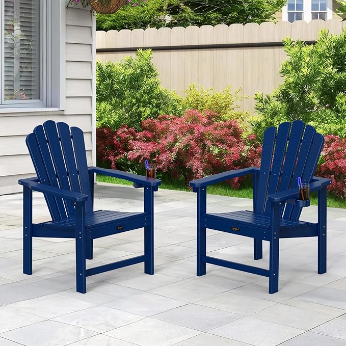 VINGLI Plastic Folding Adirondack Chair with Cup Holder, 100% Recyclable HDPE Material, Comfortable 380lb Weight Capacity for Outdoor Pool Patio Lounge Chair Lawn Furniture Fire Pit, 2 Pack, Navy Blue