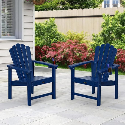 VINGLI Plastic Folding Adirondack Chair with Cup Holder, 100% Recyclable HDPE Material, Comfortable 380lb Weight Capacity for Outdoor Pool Patio Lounge Chair Lawn Furniture Fire Pit, 2 Pack, Navy Blue