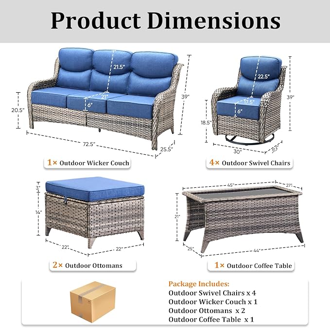 Luxury High Back Patio Furniture Set with 6-Inch Thick Cushions, 8-Pieces Outdoor Furniture with Swivel Chairs - Photo 8