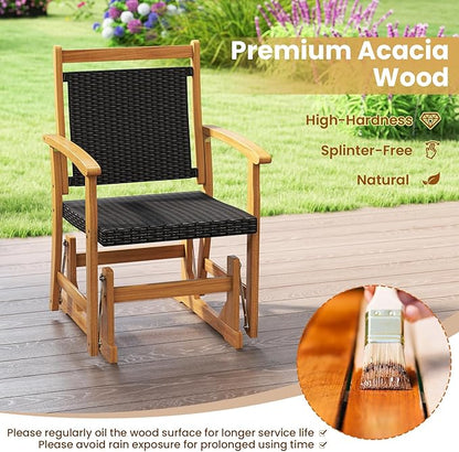 RELAX4LIFE Wooden Outdoor Glider Chair - Rattan Swing Gliding Rocker Armchair w/Acacia Wood Armrests, Wicker Back & Seat, Rocking Patio Chair for Porch Balcony Backyard Pool Garden (24'')