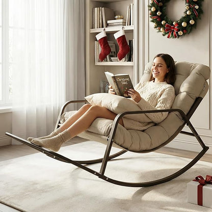 BULEXYARD Beige Oversized Indoor Outdoor Lounge Royal Rocking Chair with Armrest Footrest for Napping Relaxing, Heavy Duty Patio Reclining Papasan Rocker Chair with Padded Cushion for Porch, Sunroom