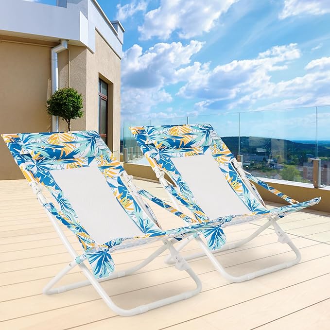 GYMAX Beach Chair Set of 2, Folding Sling Chairs with Headrest, Cup Holder & Shoulder Strap - Photo 8