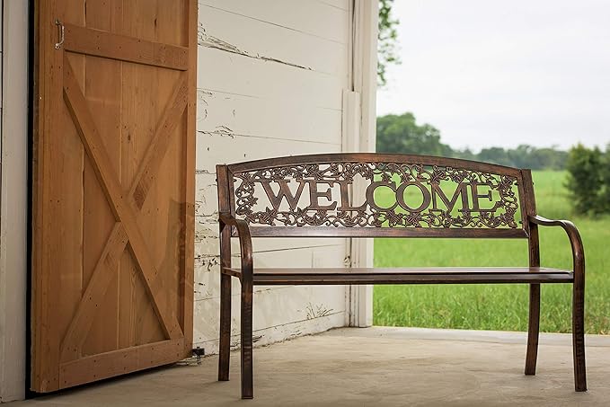 Leigh Country Metal Outdoor Bench, Welcome Design, Decorative Patio Seating for Porch/Deck - Photo 7