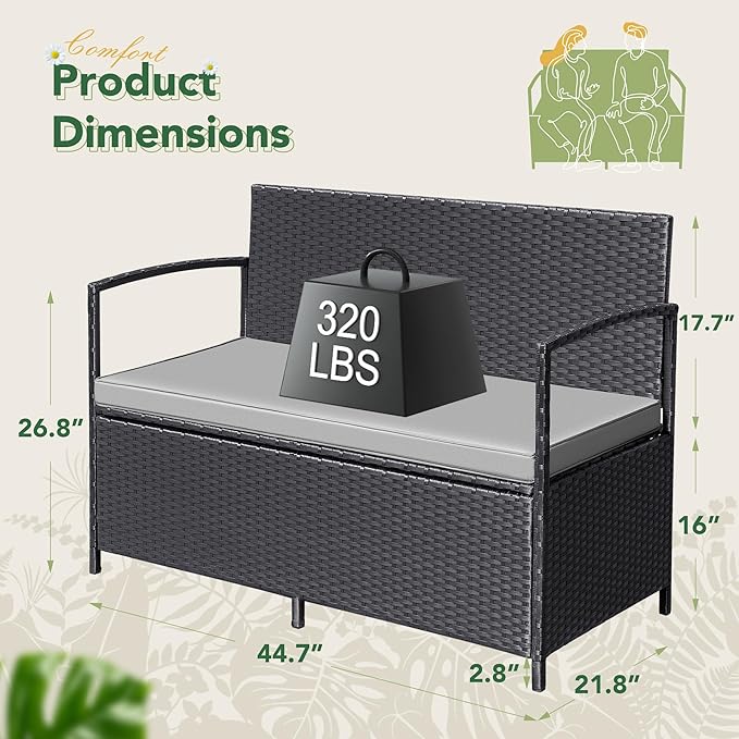 Flamaker Patio Loveseat Wicker Outdoor Furniture, All Weather Rattan Conversation Bench Chair with Large Storage Capacity and Cushions for Backyard, Outside Patio Porch (Black)