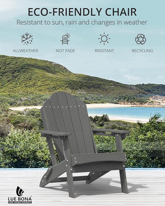 LUE BONA Folding Adirondack Chair, Chairs Set of 6, Cup Holder, Woodgrain, Fire Pit, Patio, Pool, Dark Grey - Photo 5