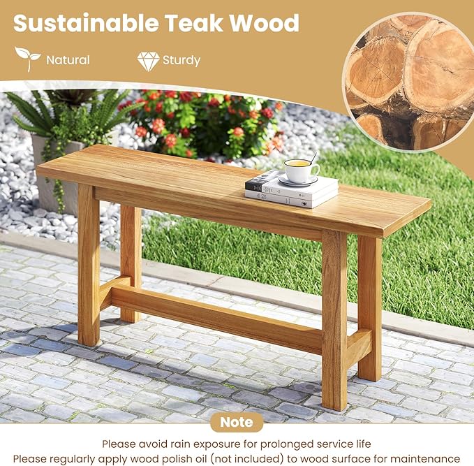 Tangkula Outdoor Teak Wood Bench, Patio Dining Bench Seat, Wooden Garden Bench, 2-Person Loveseat Seating for Porch, Backyard and Poolside (1,Natural)